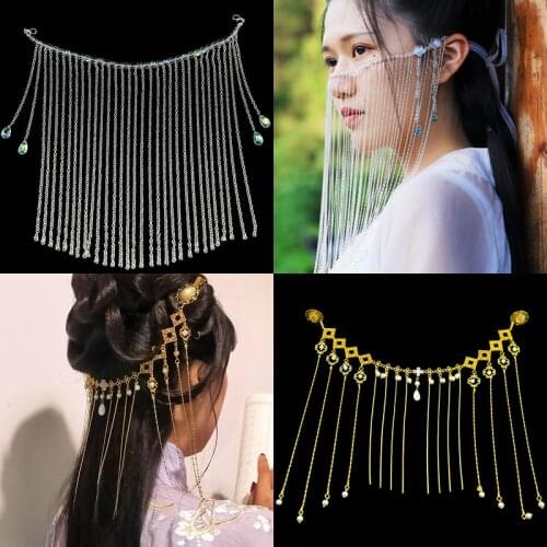 Golden Silver Vintage Tassel Headdress Hanfu Hair Accessories Princess Queen Face Decoration Hangings Ancient Style Photography
