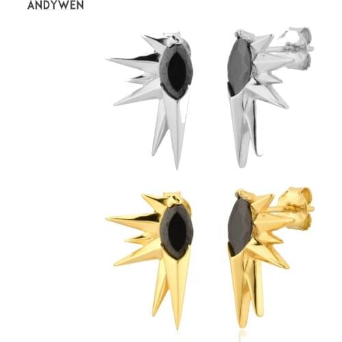 ANDYWEN 925 Sterling Silver Black Zircon Women Fashion Stud Earring Spike Rock Punk Wedding Jewels 2020 Wedding Women Jewelry