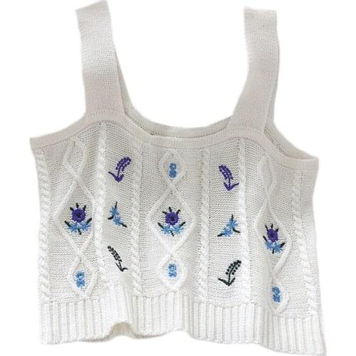 Y166 Korean Women Summer Sleeveless Knitted Crop Tank Top Sweet Floral Embroidered Camis Vest Vintage Solid Color Sweater