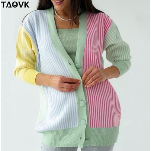 TAOVK Womens Knit Cardigan Sweater Contrast Stripes Loose Casual Knited Single-breasted Cardigans Jacket