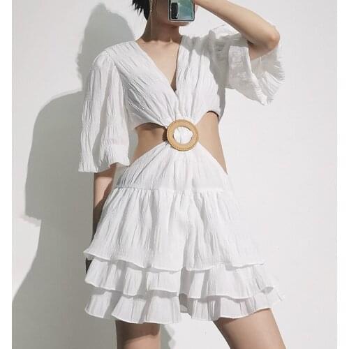 Luxury Fashion Ruched Hollow Out Women Dress White Color V-Neck Circle Belt Sashes A-Line Casual Dresses Clothes Vestidos