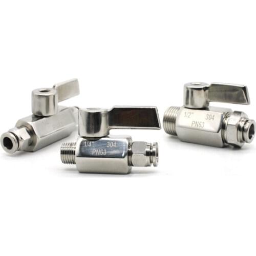 1/4" 3/8" 1/2" BSP Female Male x 4 6 8 10 12 16mm Push In Mini Sanitary Ball Valve Homebrew Beer SUS304 With Stainless Hanlde