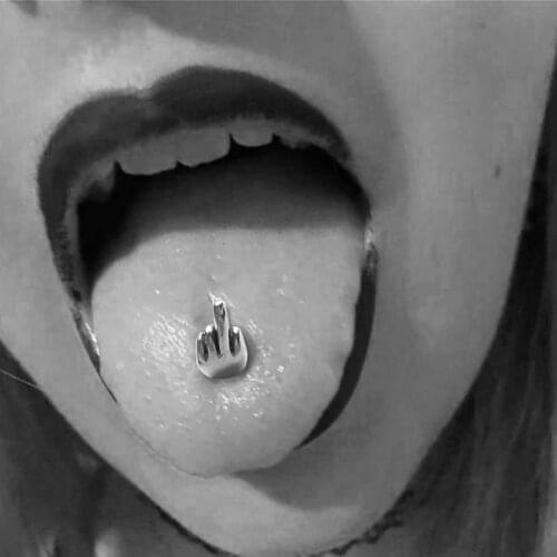 Surgical Steel Middle Finger Gesture Tongue Barbell Stud Piercing Rings Body Jewelry Punk