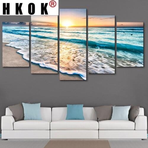 HKOK Wall Art HD Print Modular Posters Pictures Canvas Paintings 5 Panel Waves On Beach At Sunup Seascape Home Decor Modern