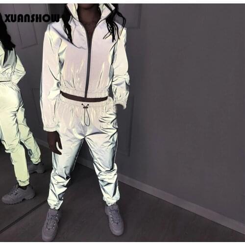 XUANSHOW 2021 Women Windbreak Sets Reflective Two Piece Set Casual Jacket Coat Night Light Clothes Long Pant Suit Women Sets