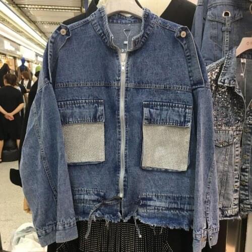 Euro Brand New Fashion Diamonds Big Pocekts Womens Denim Jackets Long Sleeve Stand Collar Casual Loose Coats Streetwear