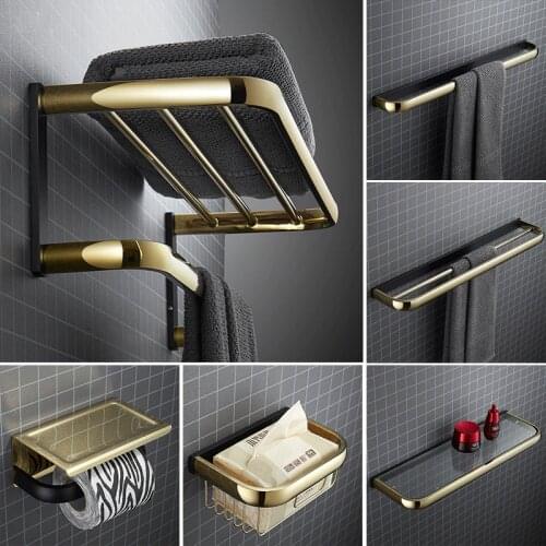 Black Gold Bathroom Accessories Set Soild Brass Towel/Paper Rack/Ring/Bar Toilet Brush Holder Coner Shelf Soap Dish Bath Hardwar