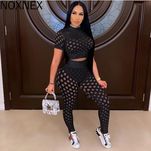 NOXNEX Sexy Hollow Out Summer Two Piece Set See Through Club Outfits Active Wear Women Clothing Sets Pant Suits Outdoor Wear New