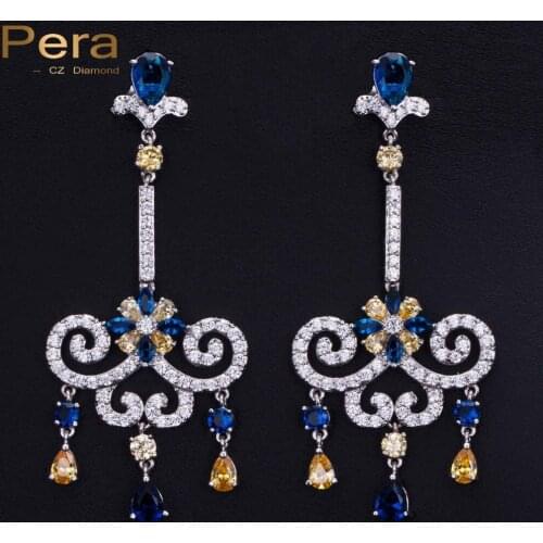 Pera 2020 CZ Brand Vintage Women 7.5 CM Large Multi Color CZ Stone Long Dangling Drop Bohemian Earrings Jewelry For Female E138