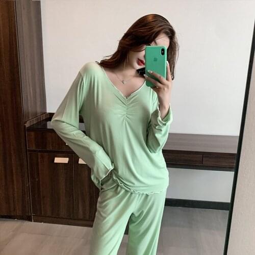 Modal Pajamas Womens Spring Thin Long Sleeve Nightwear 2021 New Summer Air Conditioning Clothing 2Pcs Sets Homewear Sleepwear