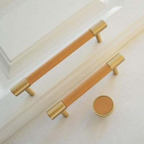3.78'' 5.0'' Brass+Leather Cabinet Knobs and Handles Pulls for Furniture Wardrobe Handles Furniture Hardware