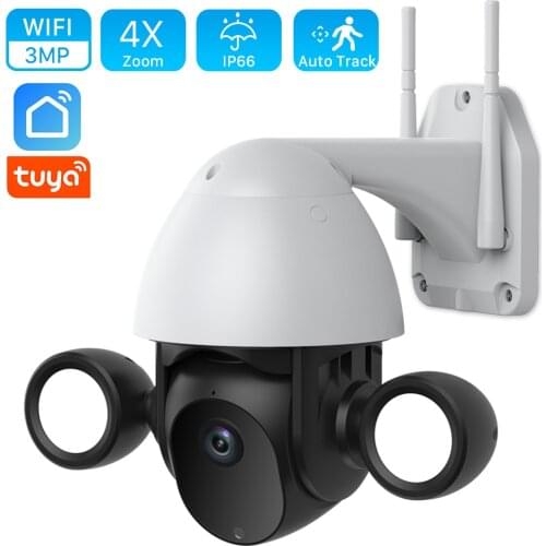 Cloud 3MP Tuya Floodlight WiFi Camera Outdoor 30M Color Night Vision Home Security Camera Auto Tacking Photo Alarm PTZ IP Camera