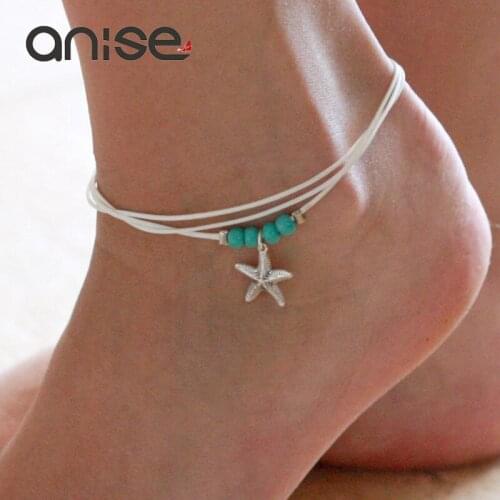 Fashion Starfish Beads Pendant Female Anklets for Women Vintage Multilayer Silver Color Statement Ankle Bracelet Foot Jewelry