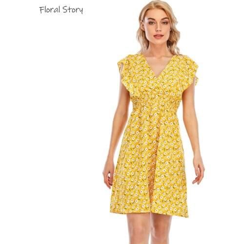 FLORAL STORY Women Summer Dress 2021 Fashion V-Neck Flower Printed Elegant Short Dresses Female Boho Beach Holiday Mini Dress