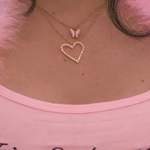 Women Fashion Crystal Heart Butterfly Pendant Choker Necklace for Women Sweet Clavicle Chain Jewelry Gifts
