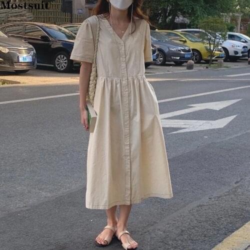 Vintage Short Sleeve Dress For Women 2021 Summer V-neck Single Breasted Pleated Dresses Korean Robe Femme
