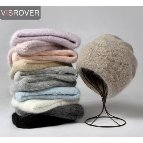 VISROVER 11 Colorway Winter Beanies with Sequin Rabbit Fur Luxury Bonnet Woman Soft Warm Skullies Female Girl Cap Wholesale Gift
