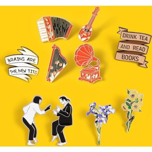 Custom Badge banner flower Sunflower Iris Lapel Pin accordion harp phonograph Stringed instruments pulp fiction men women Brooch