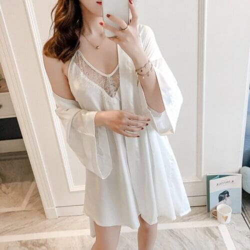 White Kimono Robe Gown Suit Sexy Women V-Neck Backless Nightdress Lace Trim Intimate Lingerie Summer Autumn Faux Silk Sleepwear