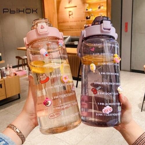 2L Sports Straw Water Bottle with Stickers Portable Large Capacity Fitness Bike Cup Summer Ice Cold Water Jug with Time Marker