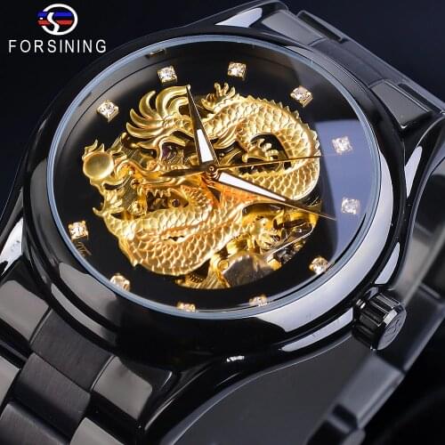 Forsining Skeleton Golden Mechanical Watch Mens Automatic 3D Carved Dragon Steel Band Wrist Watches Luxury Top Brand Self Wind