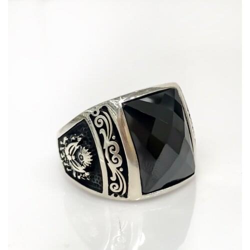 Black Baguette Square Onyx Tuğra Silver Men 'S Ring