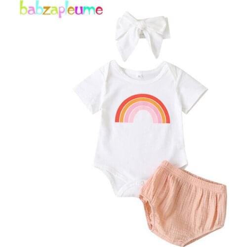 3Piece Kids Summer Outfits Newborn Baby Clothes Cute Print Short Sleeve Cotton Bodysuits+Shorts Little Girls Clothing Set 1959