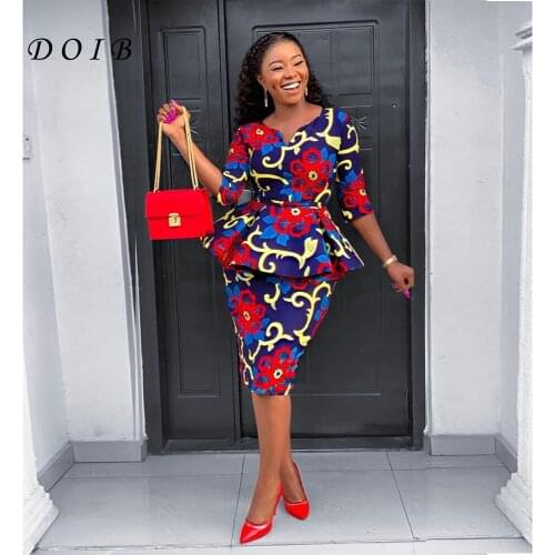 DOIB African Dress for Women Floral Print Demountable Waist Belt Vintage Office Lady Work Two Piece Set Modest Dress