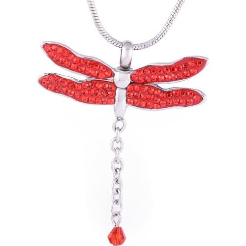 IJD9151 Free Shipping Red Rhinestone Dragonfly cremation keepsake pendant ,stainless steel ashes jewelry for urns necklace