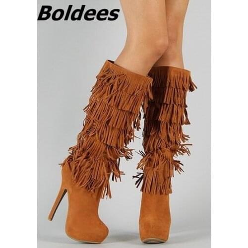 Classic Brown Suede Flowing Fringe Stiletto Heels Women Round Toe Platform Tassel Boots Side Zip Long Boots