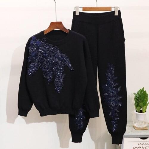 Knitwear Sets for Woman 2021 Spring New Embroidered Sequins Flower Long-Sleeved Sweater + Casual Trousers Fashion 2 Pieces Suit