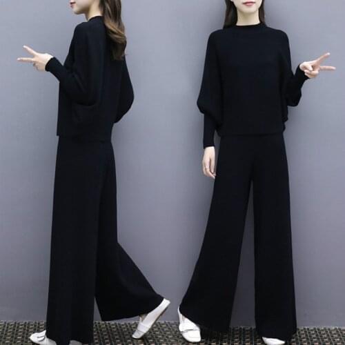 2 piece set women2019 autumn new fashion womens bat sleeve knit wide leg pants suit female loose large size two-piece female
