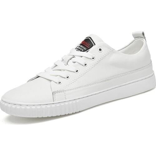 New Mens Shoes White Lace Up Leather Casual Shoes Breathable Skateboard White Sneakers Vintage Fashion Simple School Shoes Man