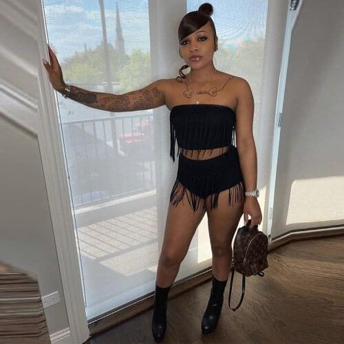 Tassels Patchwork 2 Two Piece Bikini Set Summer Outfits Women Strapless Slim Fit Crop Top and Beach Sheath Short Swimsuit Hot