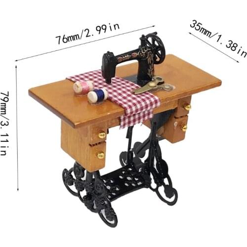 Miniature Furniture Sewing Machine With Line Wooden Scissors Children Doll House Decoration Accessories Toys For Girls