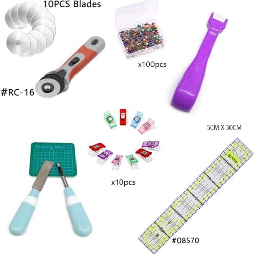 27Pcs 45mm Fabric Rotary Cutter Kits with 10 Replacement Blades &Sewing Clips & Patchwork Ruler for Quilting Craft & 100pcs Pins