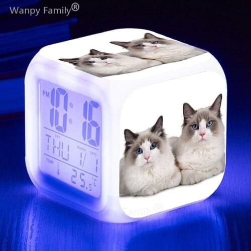 Very Cute Cat Alarm Clock 7 Color Glowing LED Digital Alarm Clock Kids Birthday Gift Multifunction Touch Sensing Alarm Clock