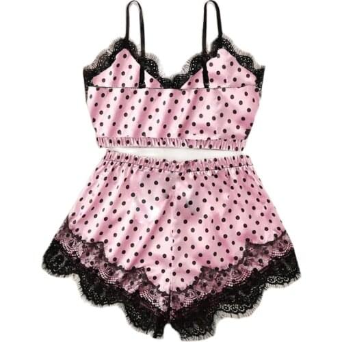 2020 hot Pyjamas Women Sleep Wear Pijama Women V-Neck Dot Print Lace Satin Camisole Pajamas Bowknot Shorts Lingerie Set