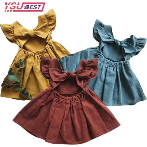 Girls' Dress 2021 Summer New Back Split Deep V-neck Sleeveless Cotton and Linen Dress Bow Princess Party Dress European American