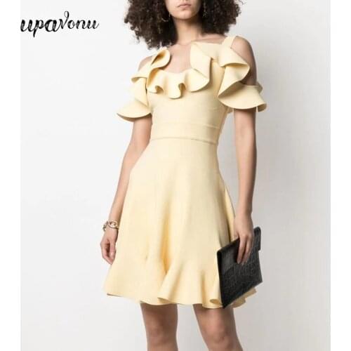 Free Shipping 2021 Womens Summer Dress Black Sexy Sling Card Shoulder Ruffle A-line Dress Celebrity Club Party Dresses Vestidos