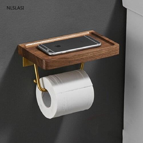 Simple Solid Wood Wall Mount Cell Phone Roll Paper Storage Rack Toilet Paper Holder Rack Bathroom Accessories Rack Shelves