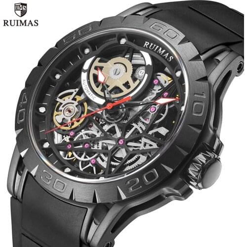 RUIMAS Automatic Mechanical Watches Men Luxury Fashion Military Sport Skeleton Wristwatch Man Silicone Strap Waterproof Watch