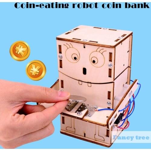 Science Tecnologia Wooden can Paintable Double switch combination Coin-eating robot diy kit steam Toy For student