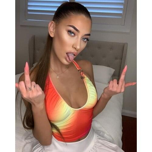 Sexy Print Crop Top Halter Sleeveless Vest Hollow Out Tight Tank Tops Camis Summer Party Club Beach Vacation Grunge Y2K Clothes