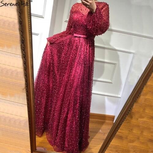 Serene Hill Lantern sleeves High Split Wine Red Pearls Lace Long Sleeves Evening Dress 2020 Luxury Formal Party Gown CLA6348