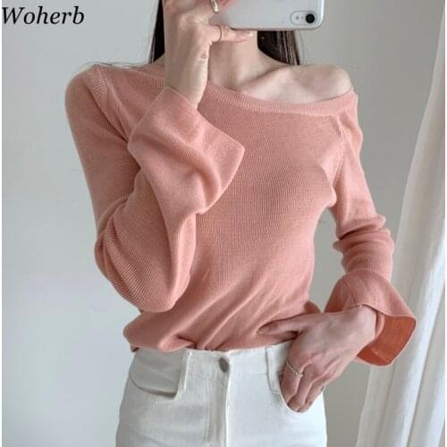 Woherb Candy Colors Knit Pullover Women Autumn 2021 New Sweet One Shoulder Solid Sweater Korean Flare Sleeve Slim Sweaters