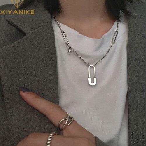 XIYANIKE 925 Sterling Silver Paper Clip Pendant Necklace Unique Design Pin Clavicle Chain Female simple Temperament Jewelry