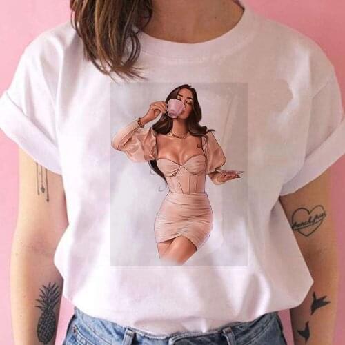 2021 Women T-shirt Soft Girl Versatile Short Sleeve Kawaii Sexy Beauty Drinking Coffee Printed T-shirt Vogue Modern Tshirt