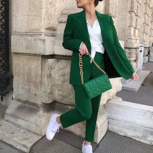 Za Womens Sets Blazers Office Elegant Ladies Workwear Outfit Female Pocket Jacket Green Coat Two Piece Suit Button Loose Blazer