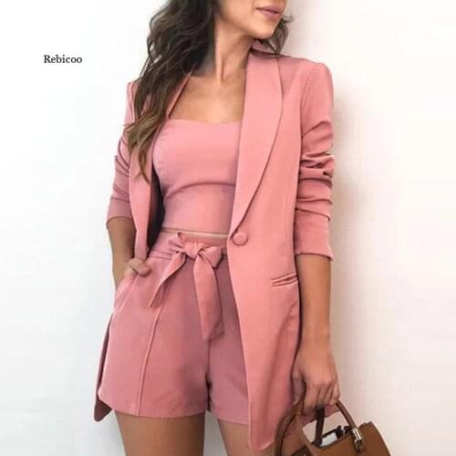 Women Autumn Cardigan Blazer Shorts Sets Sexy Slash Neck Office 3 Piece Set Top and Shorts Long Sleeve Elegant Casual Suit